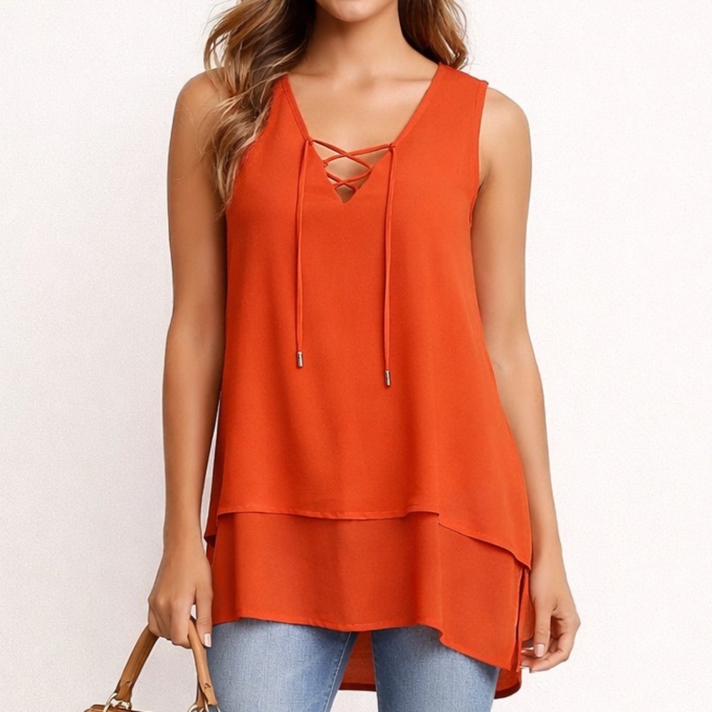 Michael Kors Orange Layered Lace-Up Sleeveless Camisole